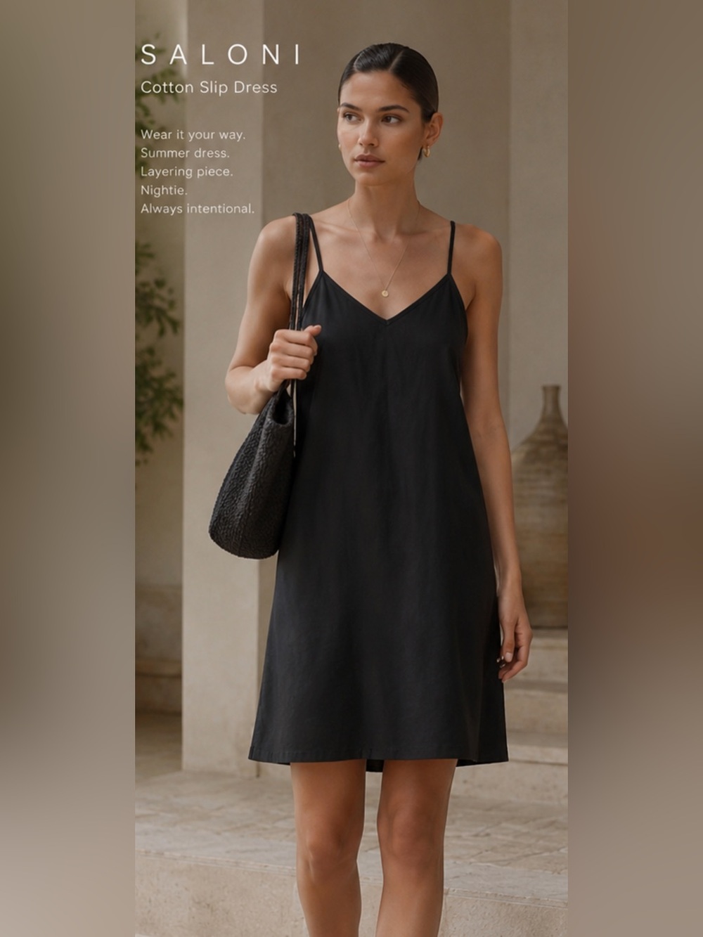 SALONI Black Cotton voile layer Mini Slip Dress Resort Minimalist chic 4